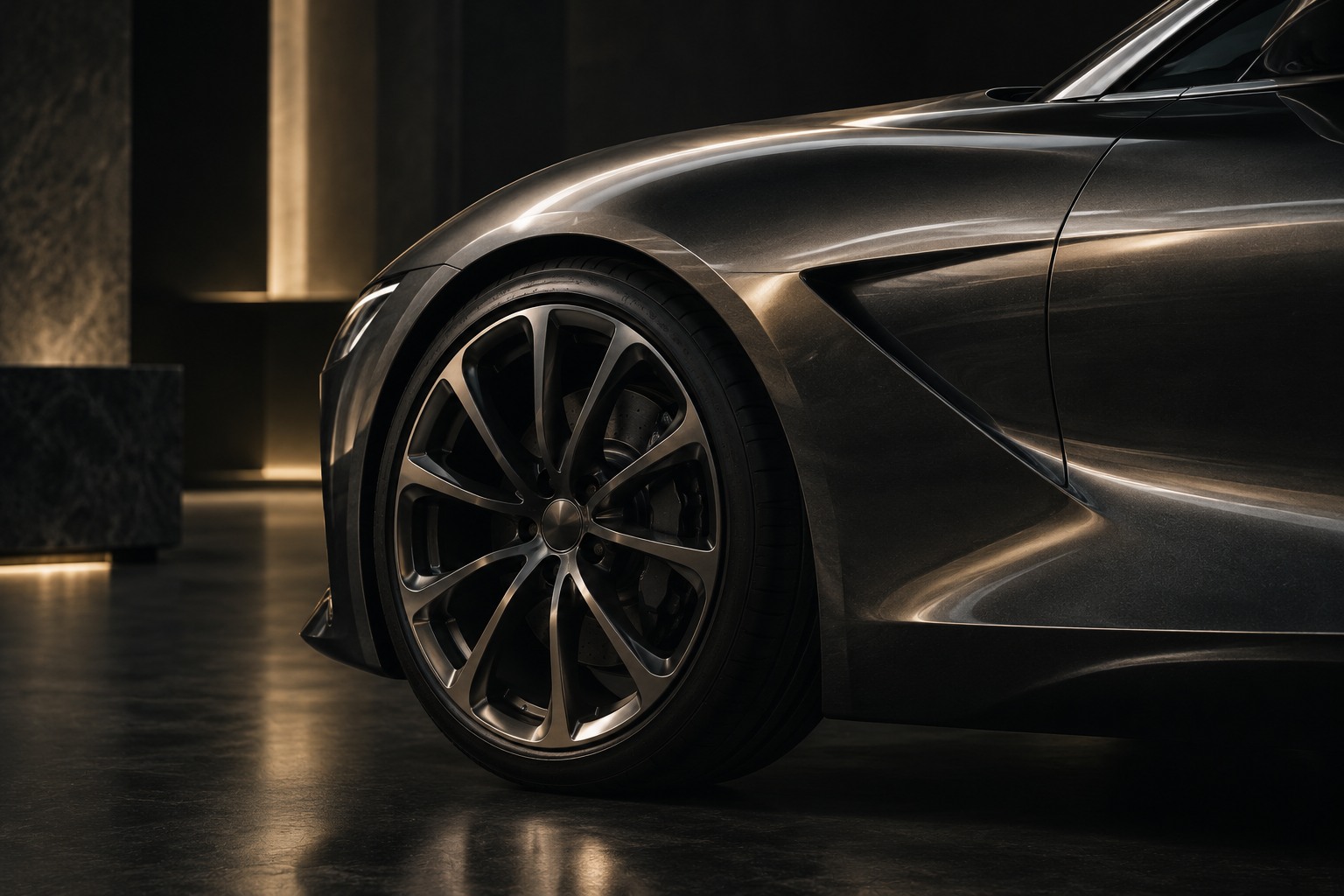 Vehicle concept visual from VUE After Dark, displayed in black and white